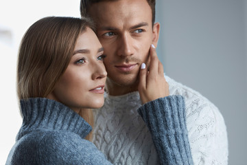 Care. Portrait Of Beautiful Young Couple, Woman And Man Indoors