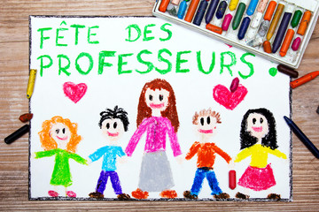 Colorful drawing - France Teacher's Day card  with words 