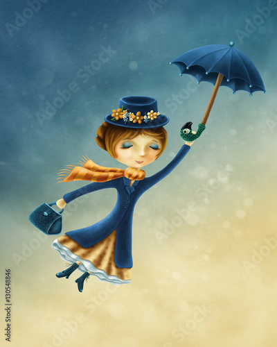 Fotomural Woman flying with an umbrella