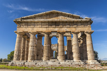 Front View Of Greek Temple Of Neptune, In The Archaeological Site Of Paestum, Salerno, Italy