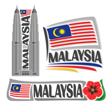 Vector Logo Malaysia, 3 Isolated Images: Vertical Banner Skyline Petronas Twin Towers On Malaysian National State Flag, Symbol Of Malaysia Red Hibiscus Flower, Malay Ensign Flags Jalur Gemilang.