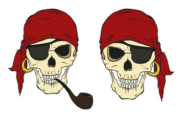 two pirate skulls with hat, smoking pipe and eye patch