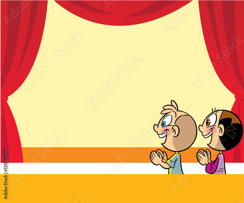 The illustration shows the children in the theater on the background of