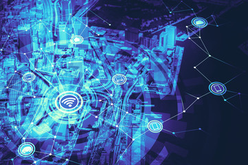 Poster - duo tone graphics of smart city diorama and wireless communication network, abstract image visual
