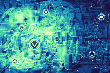 Poster - duo tone graphics of smart city diorama and wireless communication network, abstract image visual