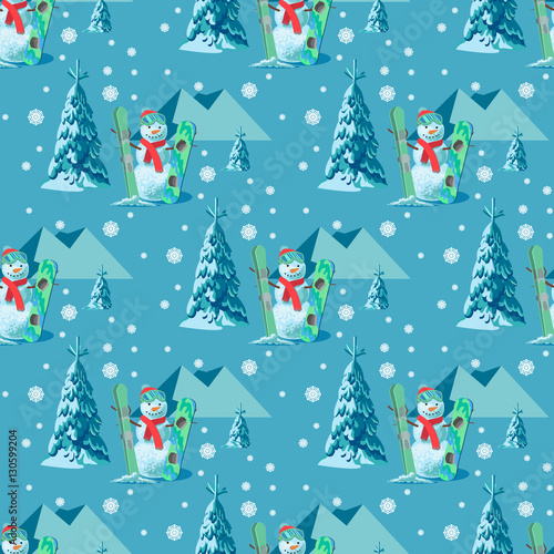 Materiał do szycia Niekończące się wzór Boże Narodzenie tematu. Bezszwowe ilustracja wektorowa Snowman, narty snowboard strój z śniegiem pokryte drzew, górami w tle niebieski.