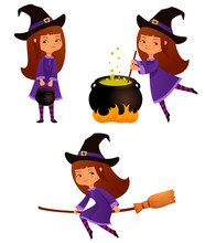 Cute Cartoon Illustrations Of A Small Witch Girl