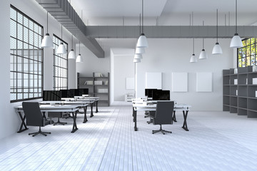 3D Rendering : illustration of modern interior Creative designer office desktop with PC computer.computer labs.working place of graphic design.close-up.Mock up.wood floor.light from outside