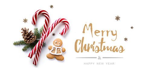 christmas composition with fir tree branches and holiday ornamen