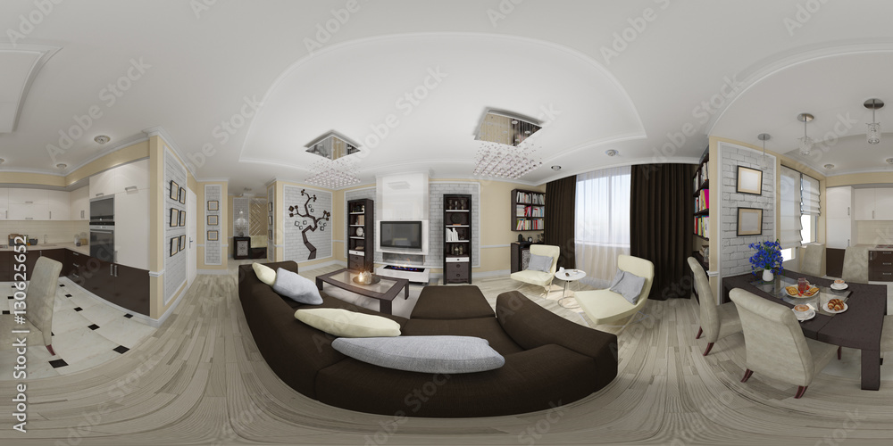 3d illustration spherical 360 degrees, seamless panorama of living room ...