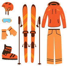 Winter Equipment For Ski Resort: Ski, Poles, Helmet, Trousers, Jacket, Boots, Goggles And Gloves In Orange