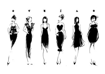 Wall Mural - Fashion models in sketch style. Collection of evening dresses. Female body types. Hand drawn vector illustration