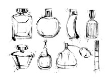 Perfume Bottles Set. Fashion Sketch. Hand Drawn Vector Illustrations.