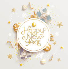 happy new year greeting card with gifts, balls and snowflake