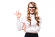 © F8  \ Suport Ukraine - Young business girl with eyeglasses with okey sign on white backgroung