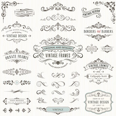 ornate vintage design elements with calligraphy swirls, swashes, ornate motifs and scrolls. frames a