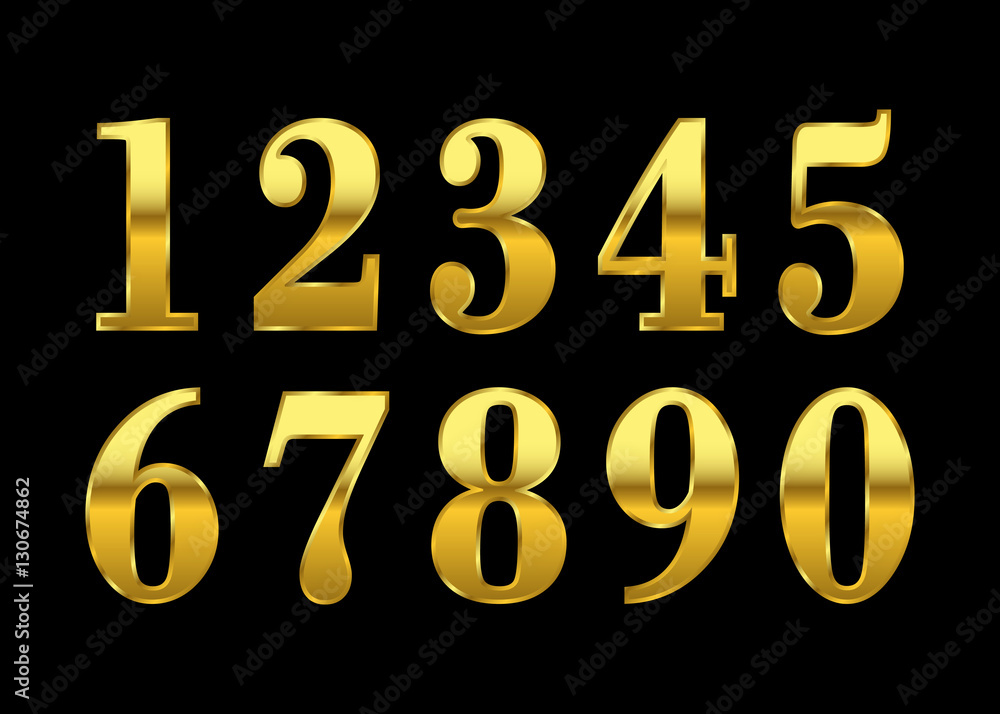 Gold numbers set. Golden metallic font, isolated on black background ...