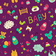 Colorful vector hand drawn Doodle cartoon set of objects and symbols on the baby theme. Seamless pattern. Violet