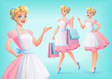 Cute Smiling Housewife In Apron In Different Poses. Vector Set.