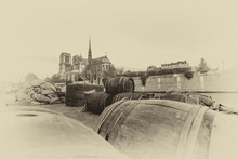 Docks Of Notre Dame Cathedral In Paris With Old Barrels, France - Intentional Noise 