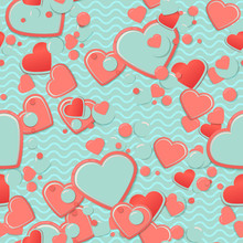 Blue Scrapbook Paper, Hearts With Circles And Waves. Valentines Day Greeting Card Or Postcard, Scrap Background.Romantic Scrapbooking. Lovely Cute Design Template For Mothers Day Or Scrap Booking.