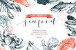 Vector hand drawn set of seafood icons. Lobster, salmon, crab, shrimp, ocotpus, squid and clams. Delicious menu objects.