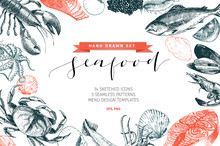 Vector Hand Drawn Set Of Seafood Icons. Lobster, Salmon, Crab, Shrimp, Ocotpus, Squid And Clams. Delicious Menu Objects.