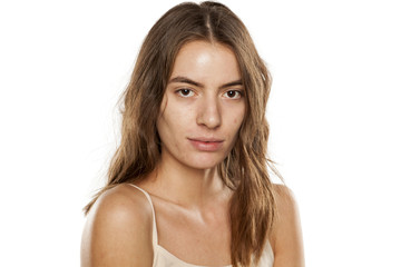 young beautiful woman with long hair and without makeup