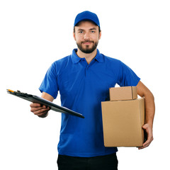 Wall Mural - deliveryman with boxes and clipboard isolated on white backgroun