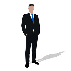 Wall Mural - Businessman in dark suit standing with hands in pockets. Man is