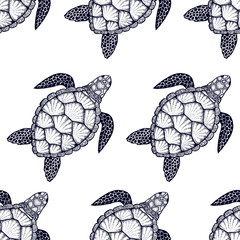 Wall Mural - Seamless pattern with sea turtle in line art style. Hand drawn v