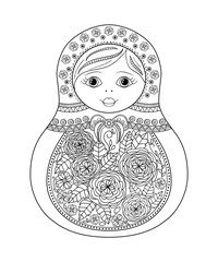 Vector coloring book for adult and kids - russian matrioshka doll. Hand drawn zentangle with floral and ethnic ornaments