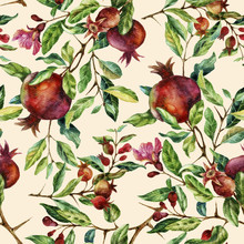 Watercolor Hand Painting Seamless Pattern With Pomegranate Branches.