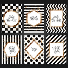 Wall Mural - Collection of 6 vintage card templates  in black and white colors and with copper frame. For the wedding, marriage, save the date cards, invitations, greetings.