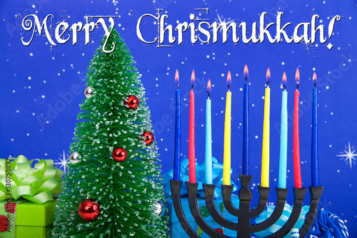 Miniature Christmas Tree With Presents Next To Jewish Menorah Celebrating Hanukkah Multi Faith Families Celebrate Both Merry Chrismukkah Buy This Stock Photo And Explore Similar Images At Adobe Stock Adobe Stock