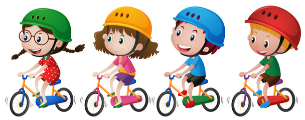 Wall Mural - Four kids riding bike with helmet on