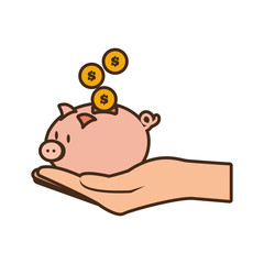 Poster - cartoon hand holding piggy coins money safe vector illustration eps 10