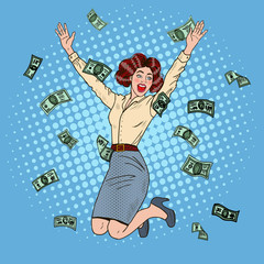 Wall Mural - Pop Art Successful Jumping Business Woman Celebrating in Falling Down Money. Vector illustration