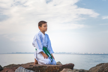 Young boy training karate