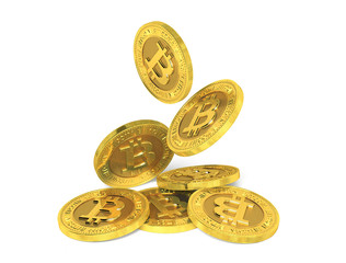 Falling gold bitcoin coins on a white background. 3d rendering.