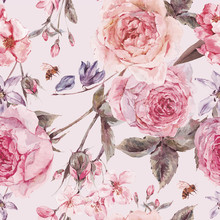 Watercolor Spring Seamless Border With English Roses