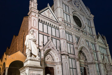 Poster - statue of Dante and Basilica Santa Croce in night