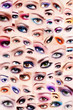 Background of plenty beautiful women's eyes with trendy colorful make-up. Winged eyes, smoky eyes, false eyelashes. Collage.