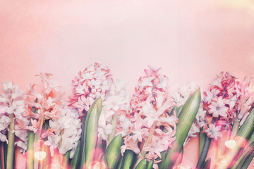 Wall Mural - Lovely Hyacinths flowers  with bokeh on pastel pink background, top view. Springtime and gardening concept