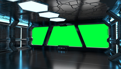 Wall Mural - spaceship blue interior with empty window 3d rendering elements