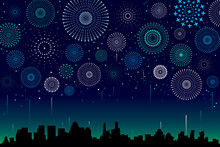 Vector Illustration Of A Festive Fireworks Display Over The City At Night Scene For Holiday And Celebration Background Design.