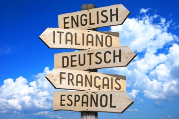Wall Mural - Wooden signpost - languages concept - 