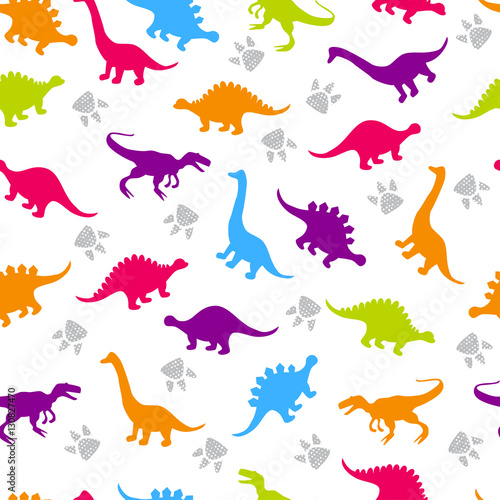 Fototapeta dla dzieci Cute kids pattern for girls and boys. Colorful dinosaurs on the abstract grunge background create a fun cartoon drawing. The background is made in neon colors. Urban backdrop for textile and fabric.