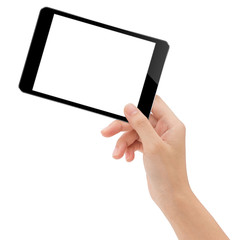 Poster - Close-up hand holding mock-ups digital tablet on white backgroun