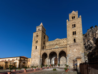 Cefalu's Cathedral, one of the most interesting buildings in Sicily, originated by the Norman King Roger II, consecrated in 1267. Reflects Norman, Latin, Greek, and Arab architectural influences.